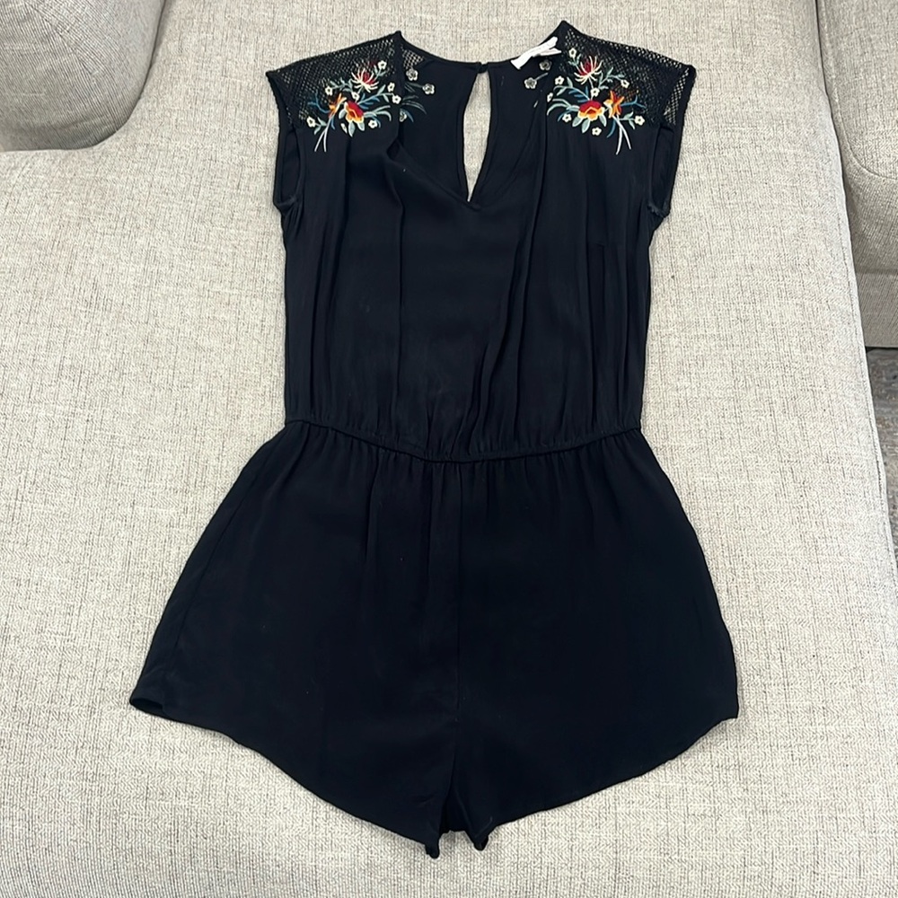 Black Romper with Floral Embroidery